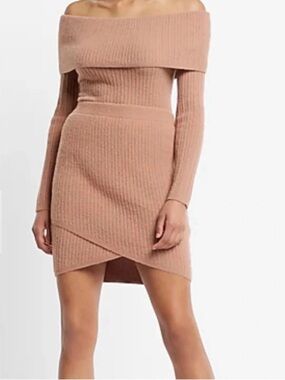 Express Small Brown Ribbed Cozy Sweater Knit Crossover Fitted Pencil Skirt NWOT